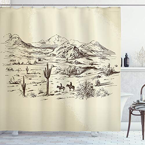 ABAKUHAUS amerikanisch Duschvorhang, Wild West Cowboys, Stoffliches Gewebe Badezimmerdekorationsset mit Haken, 175 x 200 cm, Schwarz Beige