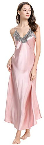 Aivtalk - Robe de Nuit Col V en Dentelle Babydoll Lingerie Nuisette Chemise de Nuit Longue Femme en Soie Artificielle Taille 38-40-Rose