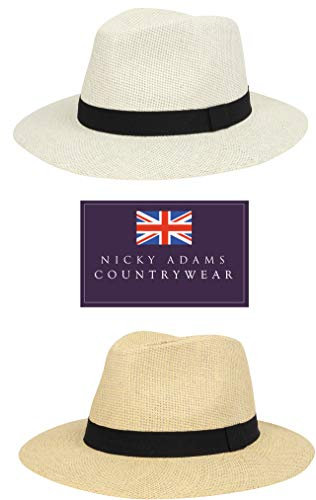 Nicky Adams Countrywear Panama Straw Sun Hat Fedora Style - Lightweight Unisex Beach Hat with UV Protection (Cream with Black Band 58)