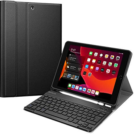 FINTIE Funda con Teclado Español Ñ para iPad 10,2 2021/2020/2019 (9.ª, 8.ª y 7.ª Gen) con Portalápiz - Carcasa Trasera de TPU Suave y Teclado Inalámbrico Magnético Desmontable, Negro