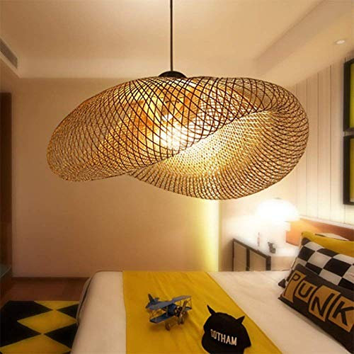 COOYO Suspension E27 Lustre Lumière Pendentif Vintage Rétro Lampe Pendentif Industriel Bambou Rotin Naturel Suspendu Tissé Lampes Suspension Réglable Hauteur Manger Bureau Salon Café Salle Lampe,60cm