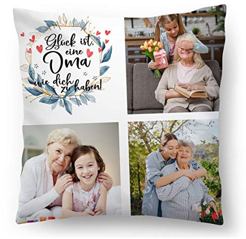 Personalisiertes FOTOGESCHENK mit eigenem Foto (45 x 45 cm) Foto-Kissen mit Deinem Foto & Text Bedrucken Zum Jahrestag, Omatag, Geburtstag (mit Füllung) Glück ist eine Oma zu haben [091]