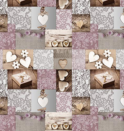 PVC Tischdecke Amore Wachstuch · Eckig · Länge & Breite wählbar · abwaschbare Tischdecke · Herz Hochzeit Liebe Rosa Grau, Größe:120 x 160 cm