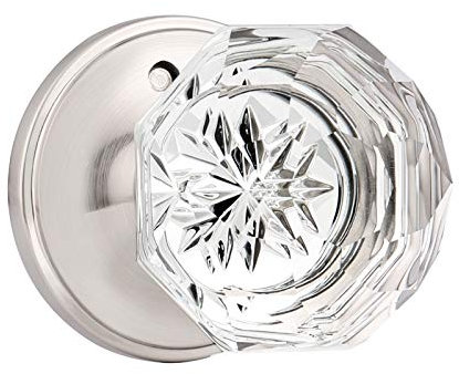Orger 1 Pack Diamond Crystal Door Knob, Privacy Door Handle for Bedroom/ Bathroom, Interior Keyless Door Knob with Pin Lock, Zinc Alloy Rosette with Satin Nickel Finish