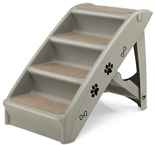 COSTWAY Foldable Pet Stair, 4 Steps Plastic Dog Stairs with Soft Felt, Lightweight Access Dogs Cats Ladder Stool for High Bed, Chair, Couch, Sofa, Truck, Car (Grey, Plastic)
