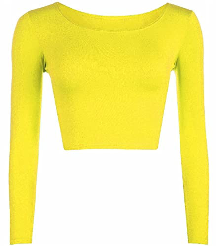 Womens Crop Long Sleeve T Shirt Ladies Short Plain Round Neck Top Ladies Fitness Workout Running T Shirts Plain Cropped Tops (Yellow UK 8-10)