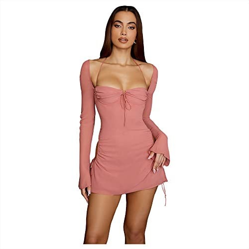 XLLAIS Women Long Puff Sleeve Mini Bodycon Mesh Dress Split Hem Clubwear Pink Medium