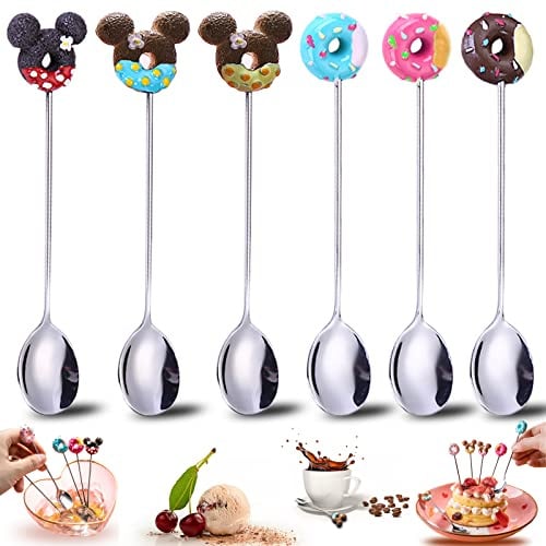 behone Löffel Set 6 stücke Löffel Edelstahl Longdrinklöffel 12cm Donut + Micky Maus Modellieren Dessertlöffel Kaffeelöffel Teelöffel Geeignet für Obst, Kuchen, Kaffee-Heißgetränke, Eis usw
