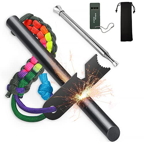 Acciarino per,Fuoco Fire Steel Forti Scintille Volanti Accendifuoco in Magnesio, Selce per Sopravvivenza All'aperto, Campeggio, Bushcraft—set con Cerbottana Telescopica e Fischietto di Sopravvivenza