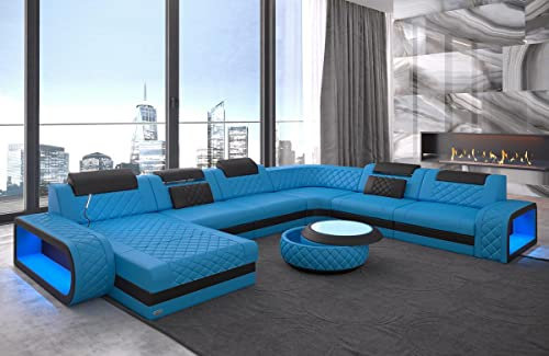 Sofa Berlin XXL U Form Wohnlandschaft mit LED Beleuchtung und Ottomane (Ottomane Links, Blau-Schwarz)