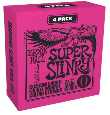 Ernie Ball Super Slinky - Cuerdas para guitarra eléctrica, entorchado de níquel, 4 paquetes, calibre 9-42