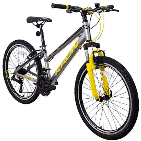 KRON XC 75 Kinder Mountain Bike 24 Zoll ab 8-9 Jahre | Aluminium MTB Fahrrad 21 Gang, V-Bremse, 13 Zoll Rahmen, Silber Gelb