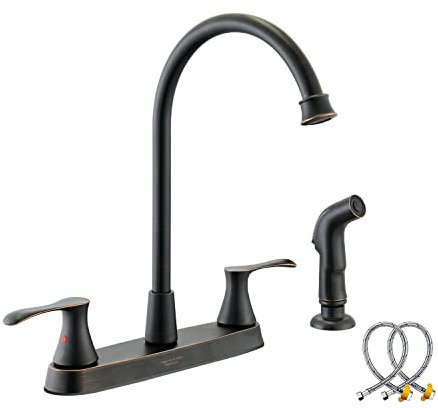 KirlystonE Grifo de cocina de bronce aceitado, grifo central de 8 pulgadas con 2 manijas con rociador lateral para fregadero de cocina de 4 agujeros