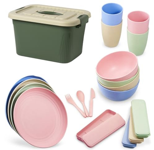 Ensemble d'assiettes et bols de camping – Comprend une boîte de rangement et un bol à vaisselle – Service de table 21 pièces avec assiettes, bols, tasses et couverts – Ensemble barbecue avec jolies