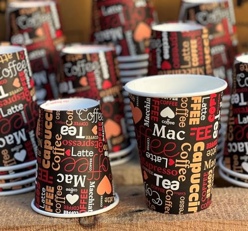 HOT BARGAINS, 1000 Pcs of 8oz Single Wall Brown Printed Disposable Paper Cups for Hot & Cold Drinks Perfect for Your Home, Café, Work, Parties or Outdoors