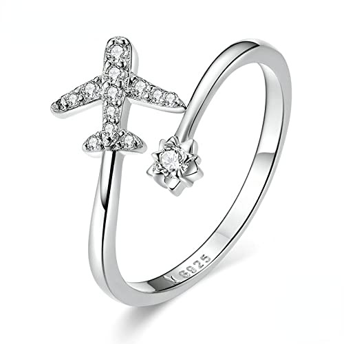 Personalisierter Ring, exquisiter Ring，Ringe Frauen fliegendes Flugzeug offene Fingerringe for Frauen klar CZ verstellbare Ringe 925 Sterling Silber Schmuck Bijoux (Color : Silver)