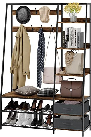 GIANTEX Appendiabiti Mobile Ingresso con Panca, 9 Ganci e 6 Ripiani, 2 Cassetti in Tessuto Rimovibile, Organizzatore di Casa per Ingresso, Soggiorno, Camera da letto, Marrone Rustico