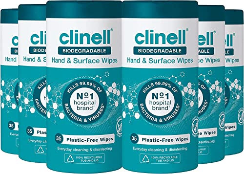 Clinell Plastic Free Biodegradable Hand and Surface Wipes for Cleaning & Disinfecting - 24 Tub of 35 Wipes - Ideal On-The-Go & Dermatologically Tested - Kills 99.99% of Bacteria & Viruses*