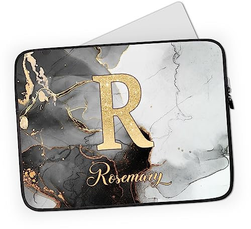 Personalised Laptop Case Sleeve - Mens or Ladies - Marble Printed Glitter Effect - Black/Grey/Gold - Add Name/Initial - Tablet or iPad Bag - Gift (12-13 inch)