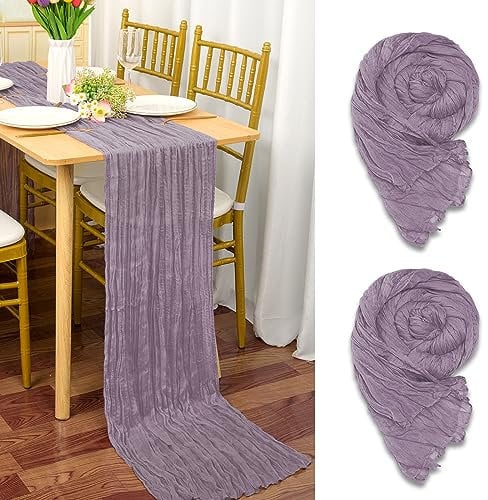 2 Stück Seihtuch Tischläufer Helles Lila,90 x 300cm Lavendel Käsetuch Tischläufer Rustikaler Gaze Stoff Boho Cheesecloth Tischläufer Hochzeit Tischdecke für Hochzeitsfeier Brautparty Tischdekoration