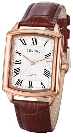 JewelryWe Uhren Herren Leder Rechteckig: Klassische 30m wasserdichte Datum Kalender Analog Quarz Armbanduhr Männer Braun Leder Armband Uhr mit Weiß Rechteckigem Römischen Ziffern Zifferblatt