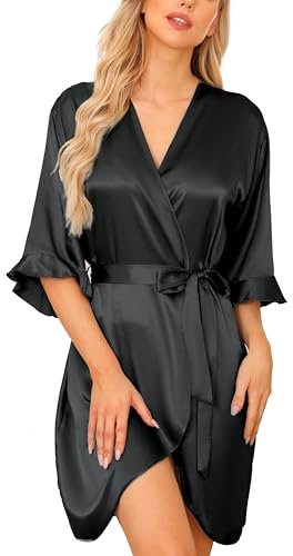 Wikoan Damen Morgenmantel Satin 3/4 Ärmeln Bademantel Kimono Robe mit Gürtel V-Ausschnitt Nachtwäsche Sommer Schwarz XXL