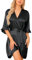Wikoan Damen Morgenmantel Satin 3/4 Ärmeln Bademantel Kimono Robe mit Gürtel V-Ausschnitt Nachtwäsche Sommer Schwarz XXL