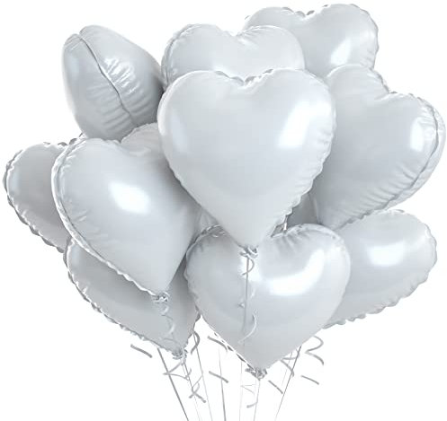 Lot de 10 ballons en aluminium en forme de cœur blancs en forme de cœur blancs à l'hélium, pour mariage, Saint-Valentin, mariage, fête d'anniversaire, décoration Just Married de 45,7 cm
