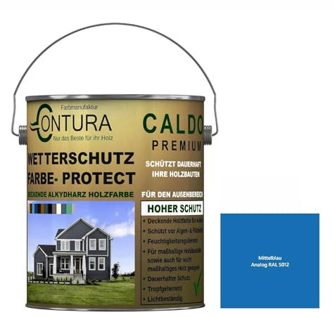 Contura Wetterschutzfarbe 1 Liter Holz Dauerschutzfarbe Deckend Buntlack Holzfarbe Holzlasur Seidenmatt (Mittelblau - RAL 5012 Analog)