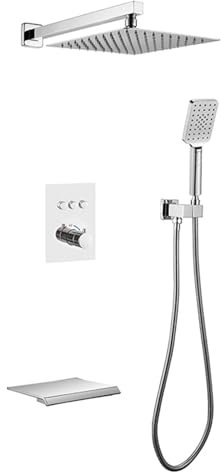 XJTNLB Duscharmatur mit Thermostat Unterputz Dusche Set Komplettset mit Armatur Wasserfall-Badewannenarmatur mit Duschkopf mit Schlauch,Chrom