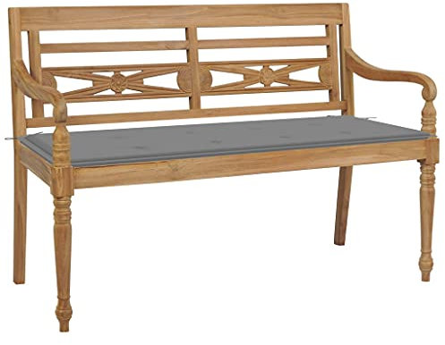 CKioict Parkbank Sitzbank Outdoor Gartenstühle Batavia-Gartenbank mit Grauem Kissen 120 cm Teak MassivholzFür Rasenflächen, Hinterhöfe und Gärten