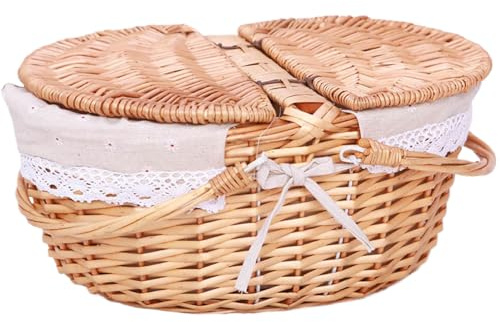 Hilai Hamper de Pique-Nique, Panier de Pique-Nique, Panier en Osier avec poignées de Pliage Doubles et couvercles Panier de paniers en Osier Vide Panier tissé Rustique pour Fruits de collation, Beige