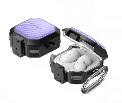 Samsung Galaxy Buds Case - Live/Pro/2/2 Pro/Fe, Soft Silicone & Hard PC, Semi-transparent Carbon Fiber, Shockproof, Secure Lock, Metal Hook - Purple