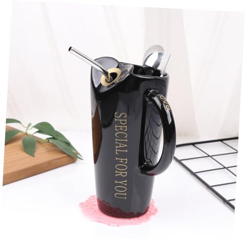 GRIRIW Tazza Ceramica Capacità Con Cucchiaio e Cannuccia Coppa Creativa Per Bevande Per Casa e Ufficio Colore Nero Design Pratico e Riutilizzabile