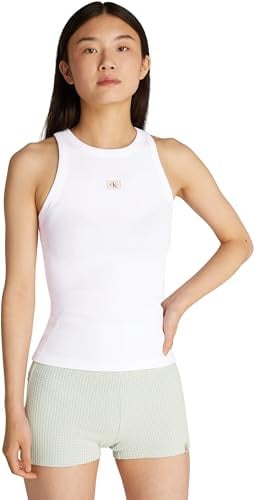 Calvin Klein Damen Tank Top Woven Label Rib Slim Fit, Weiß (Brilliant White), L