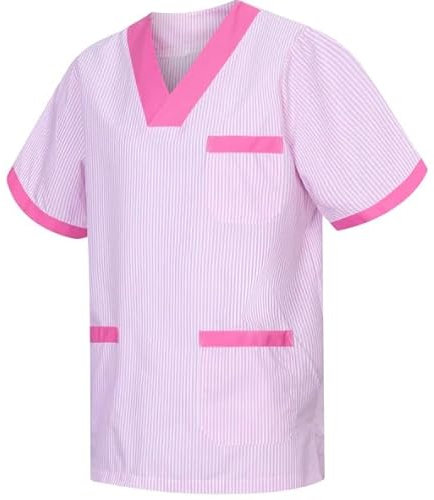 KAIXUAN – Casaca Sanitaria Raya Unisex DE Manga Corta – Uniforme MÉDICO ESTÉTICA HOSTELERÍA – Camiseta Pijama Cuello Pico Bicolor – Serie T817 (Rosa -9, XS)