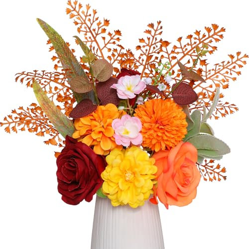 Tifuly Artificial Fake Flowers,Orange Roses Autumn Artificial Flowers Silk Flowers Bouquet for Table Centrepiece Home Office Wedding Decoration