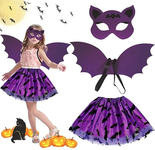 3pz Costume Pipistrello Bambina, Tutù Pipistrello Ala con Maschera, Vestito Halloween Bambino Pipistrello, Mantello Ali Viola, Pipistrello Costume Set per Halloween Carnevale Cosplay Festa Mascherata