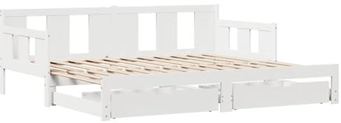 vidaXL Tagesbett, Bettsofa Ausziehbar mit Schubladen, Gästebett ohne Matratze mit Lattenrost, Ausziehbett Schlafsofa, Weiß 90x190cm Massivholz Kiefer