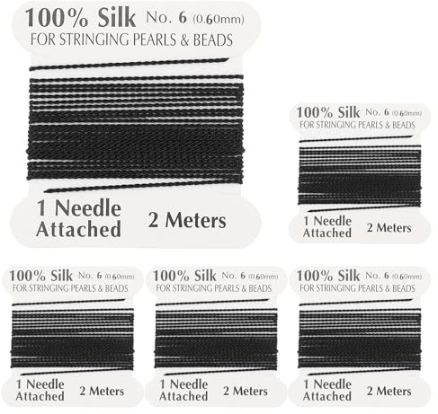 PATIKIL Silk Cord Thread, 5 Pcs Pure Silk Beading Thread Cord Size 0.6 mm with the Knotting Pearls Needle Attached, Black