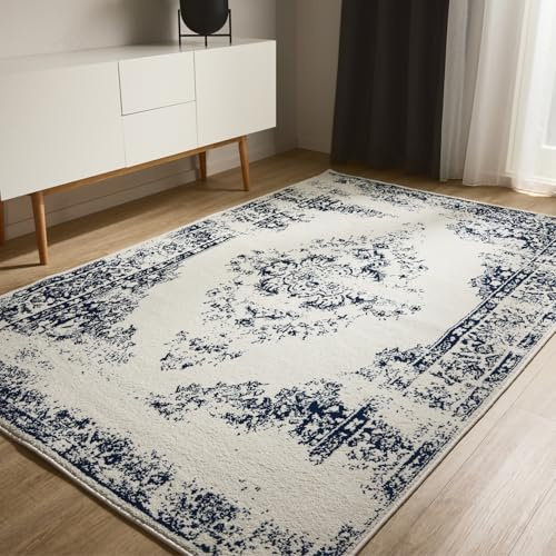 benuta Basic Teppich Sia - Creme/Blau 140x200 cm - Kunstfaser - Rechteckig & im Style: Vintage, Boho-Style, Retro - Pflegeleicht für Wohnzimmer Schlafzimmer