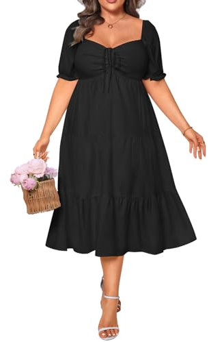 Plus Size Summer Dresses - Sweetheart Neck Drawstring Puff Sleeve Casual Wedding Guest Tiered Aline Flowy Midi Dress, Black, 20 Plus