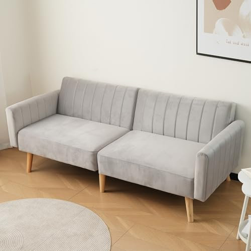Gegtuon Couch Sofa 2 Sitzer Schlafsofa mit Schlaffunktion und Rückenlehne, Bettsofa Klappsofa Gästebett Schlafcouch Loungesofa mit Armlehnen, Wohnzimmer Schlafzimmer Gästezimmer, Velvet (Grau)
