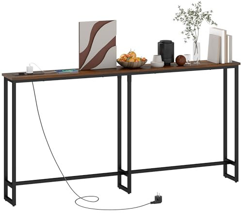 HOMCOM Table Console étroite, Table d'entrée avec Prises de Courant et USB, Bout de Canapé Style Industriel, pour Salon entrée Couloir, 160 x 20 x 80 cm, Marron