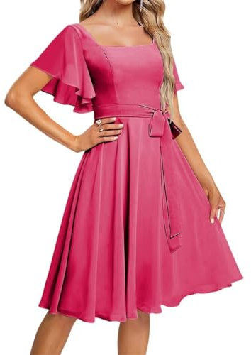 Vestidos de dama de honor de manga corta para boda, cuello cuadrado, gasa, formal, fiesta de noche, maxivestido corto AH119, fucsia, 44