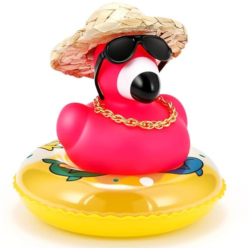 Flamingo Badeente Set, Niedlich Gummi Flamingos mit Sonnenhut Sonnenbrille Goldkette Schwimmring, Lustig Badeente Flamingo Dekorationen für Auto-Armaturenbrett, Büro, Zimmer (Gelb)