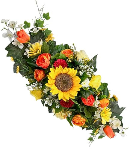 Seidenblumen Grabaufleger Dekoration Wohnungseinrichtung künstlich 65cm länglich wie Echt mit Sonnenblume Frühlingsblumen