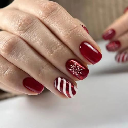 Ztcily Faux Ongles Rouge Court Carré, Faux Ongles autocollants Rouges Bonbons Flocons de Neige, Idée Cadeau Noël Femme Enfant - 24 pièces, Couverture Complète Des Ongles, Gel, Réutilisable