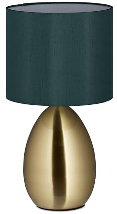 Relaxdays Tischlampe, Metallfuß, Stoffschirm, E14, HxD 33,5x18 cm, Nachttischlampe mit Kabel, Schlafzimmer, Messing/grün