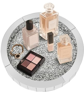Artloge Bandeja de Espejo de Cristal, 30x30x5cm Bandeja de Maquillaje con Diamantes Triturados Redondo Organizador de Maquillaje y Joyas para Perfumes, Cosméticos, Tazas, Velas